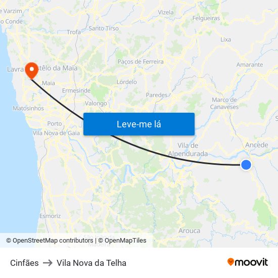Cinfães to Vila Nova da Telha map
