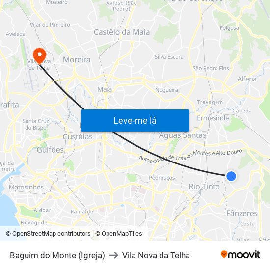 Baguim do Monte (Igreja) to Vila Nova da Telha map