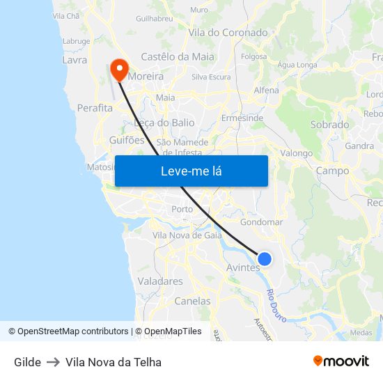 Gilde to Vila Nova da Telha map