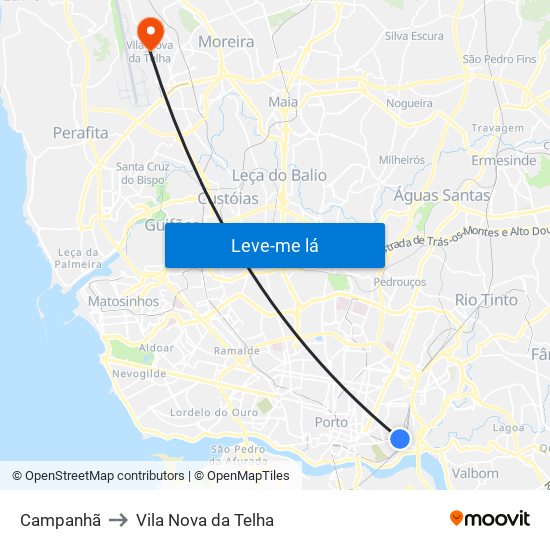 Campanhã to Vila Nova da Telha map