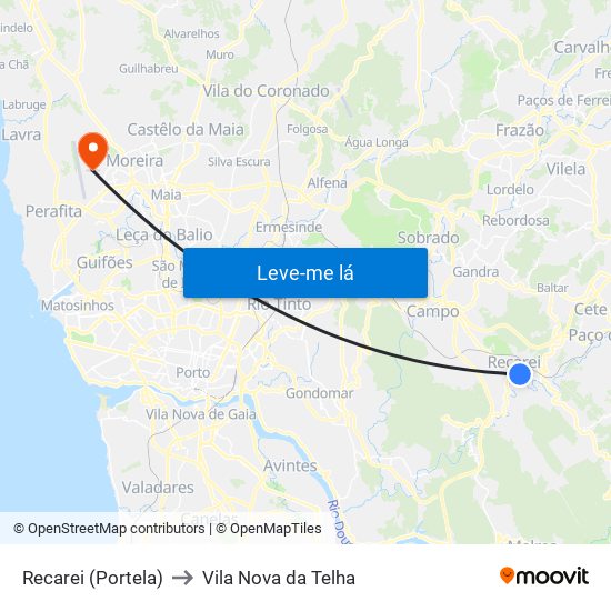 Recarei (Portela) to Vila Nova da Telha map