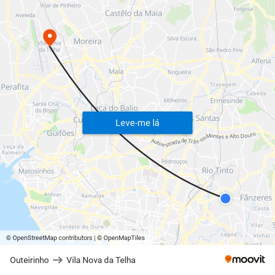 Outeirinho to Vila Nova da Telha map