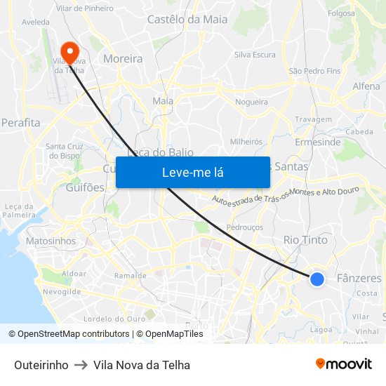 Outeirinho to Vila Nova da Telha map