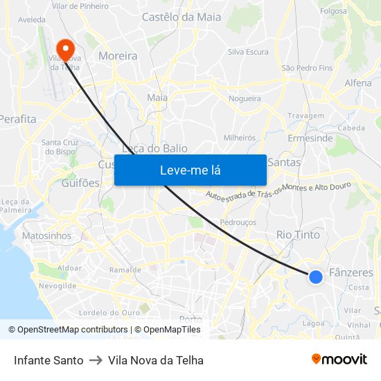 Infante Santo to Vila Nova da Telha map