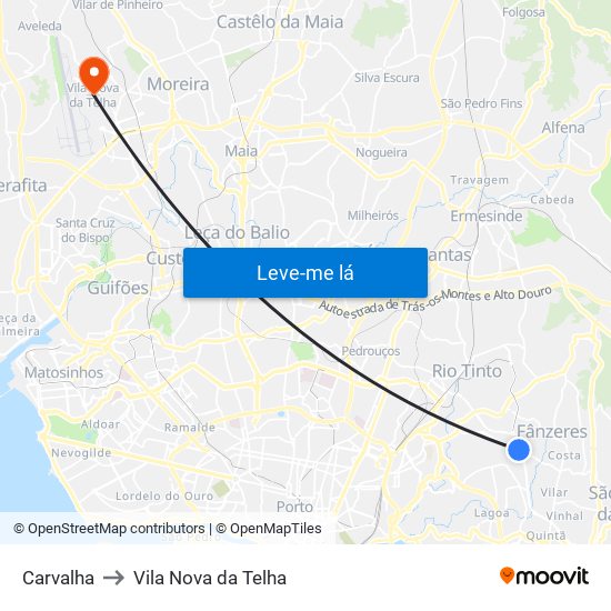 Carvalha to Vila Nova da Telha map