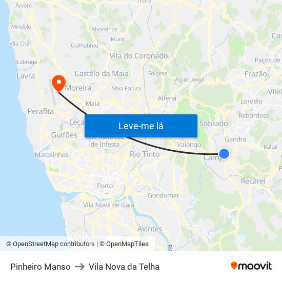 Pinheiro Manso to Vila Nova da Telha map