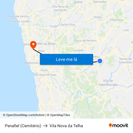 Penafiel (Cemitério) to Vila Nova da Telha map