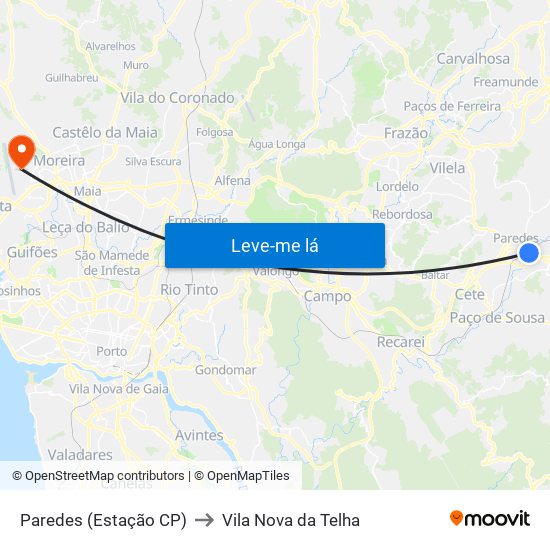 Paredes (Estação CP) to Vila Nova da Telha map