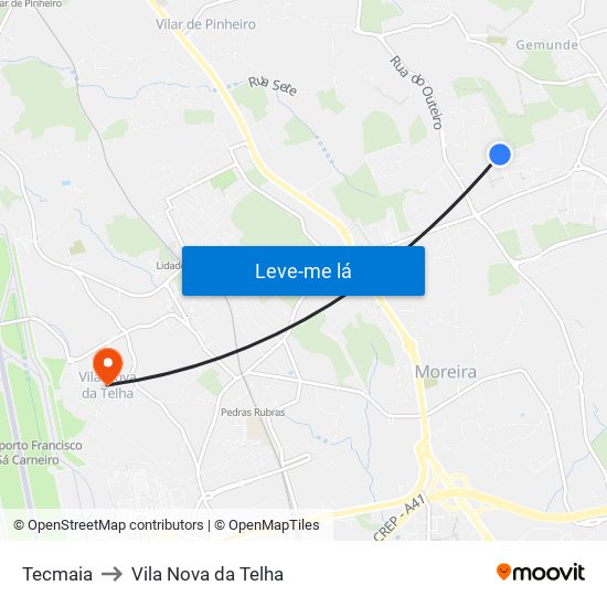 Tecmaia to Vila Nova da Telha map