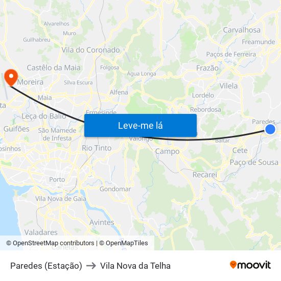 Paredes (Estação) to Vila Nova da Telha map