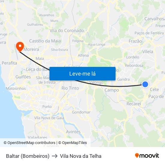 Baltar (Bombeiros) to Vila Nova da Telha map