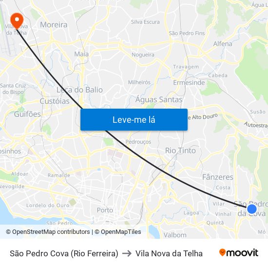 São Pedro Cova (Rio Ferreira) to Vila Nova da Telha map
