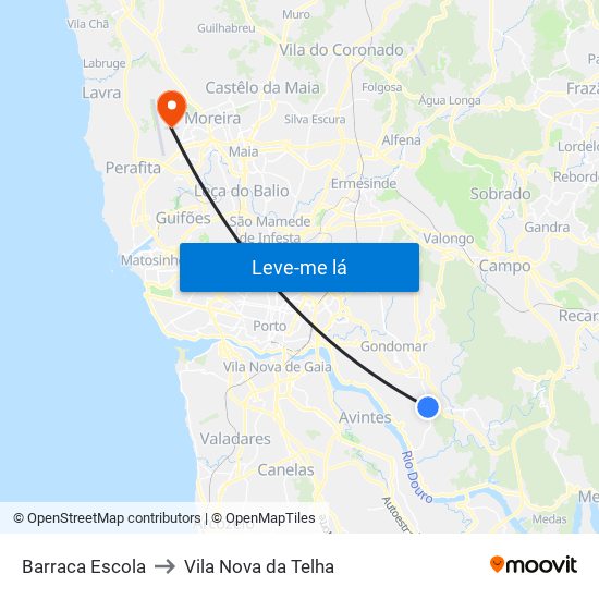 Barraca Escola to Vila Nova da Telha map