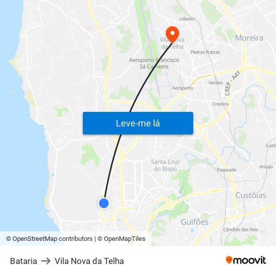 Bataria to Vila Nova da Telha map