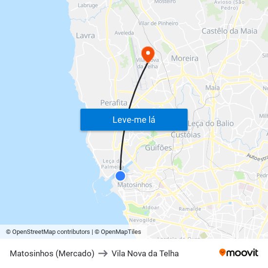 Matosinhos (Mercado) to Vila Nova da Telha map
