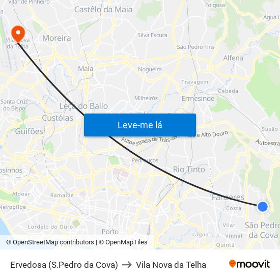 Ervedosa (S.Pedro da Cova) to Vila Nova da Telha map