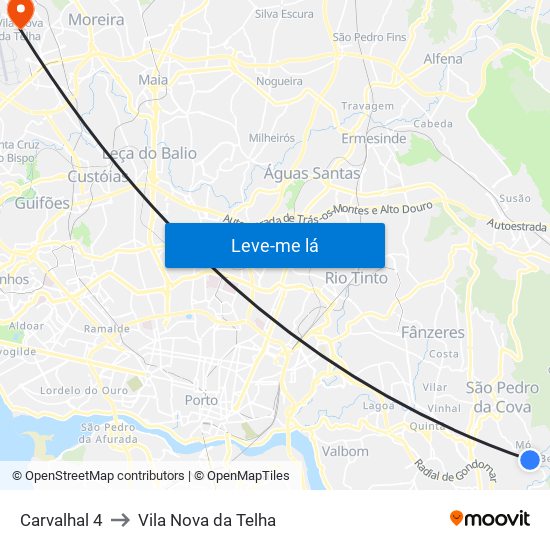 Carvalhal 4 to Vila Nova da Telha map