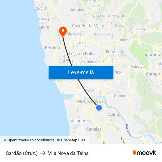 Sardão (Cruz.) to Vila Nova da Telha map