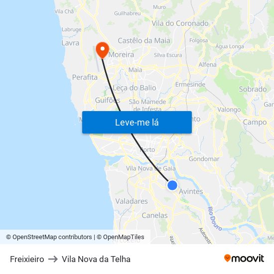 Freixieiro to Vila Nova da Telha map