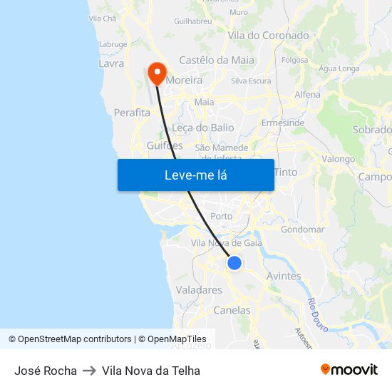 José Rocha to Vila Nova da Telha map