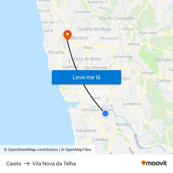 Caxito to Vila Nova da Telha map