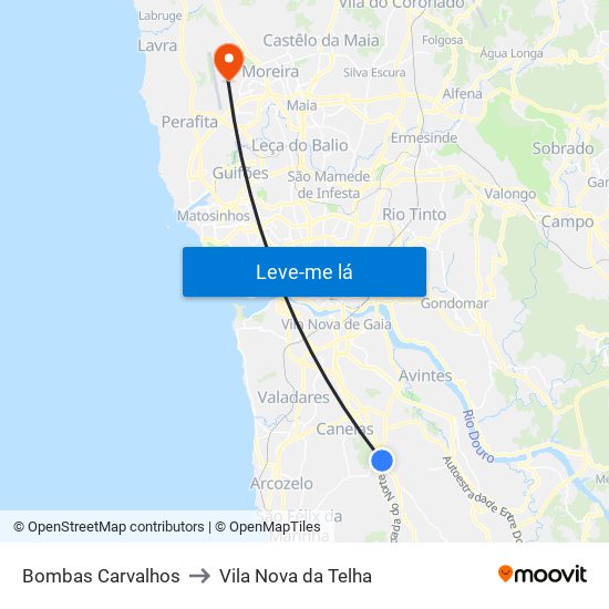 Bombas Carvalhos to Vila Nova da Telha map