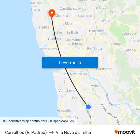 Carvalhos (R. Padrão) to Vila Nova da Telha map