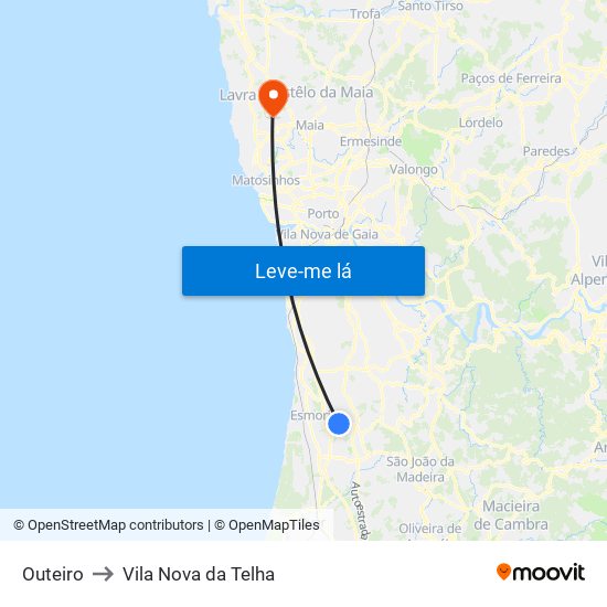 Outeiro to Vila Nova da Telha map