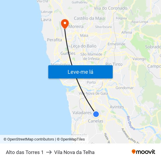Alto das Torres 1 to Vila Nova da Telha map