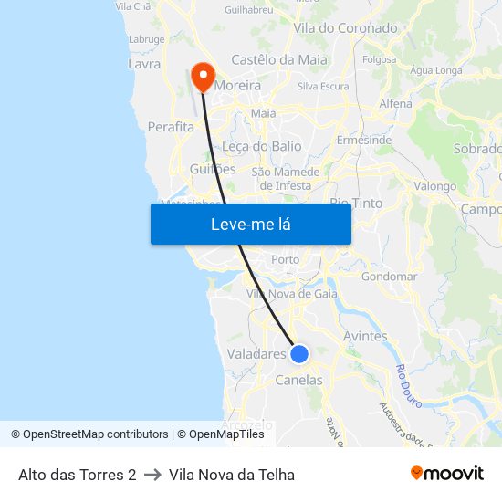 Alto das Torres 2 to Vila Nova da Telha map