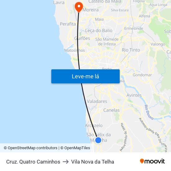 Cruz. Quatro Caminhos to Vila Nova da Telha map