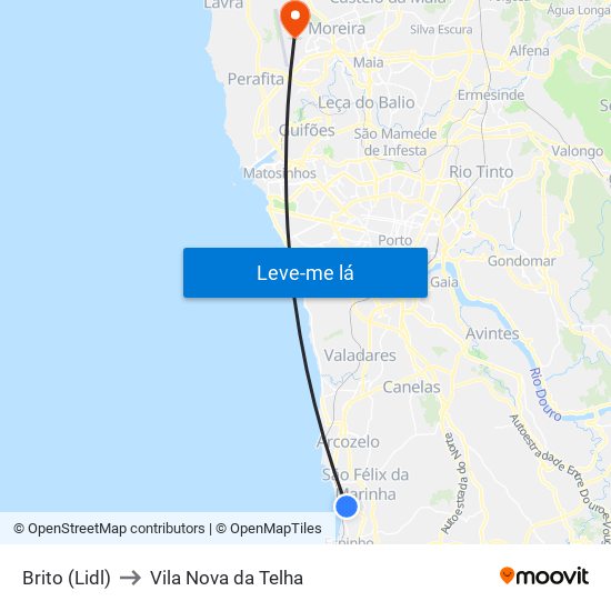 Brito (Lidl) to Vila Nova da Telha map