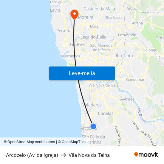 Arcozelo (Av. da Igreja) to Vila Nova da Telha map