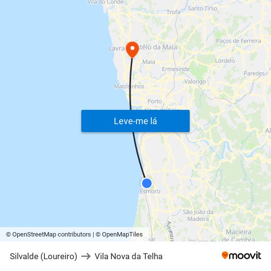Silvalde (Loureiro) to Vila Nova da Telha map
