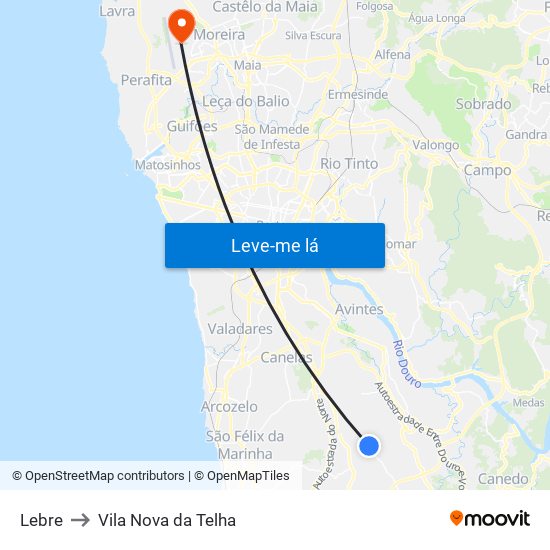 Lebre to Vila Nova da Telha map