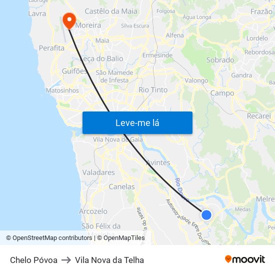 Chelo Póvoa (Lever) to Vila Nova da Telha map