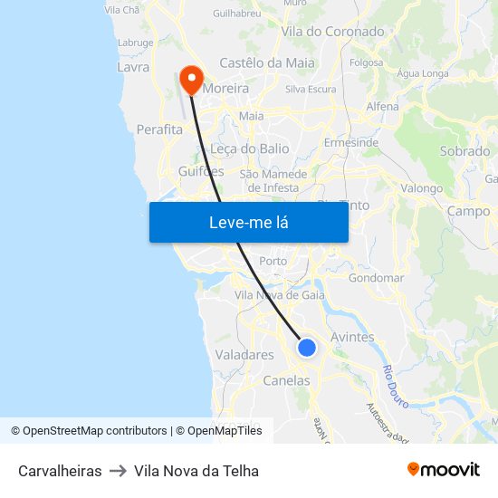 Carvalheiras to Vila Nova da Telha map