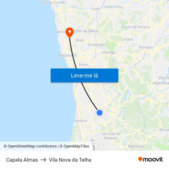 Capela Almas to Vila Nova da Telha map