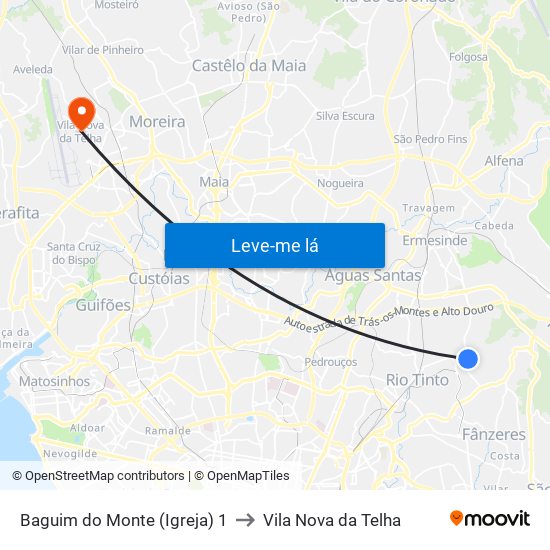 Baguim do Monte (Igreja) 1 to Vila Nova da Telha map