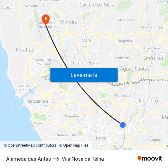 Alameda das Antas to Vila Nova da Telha map