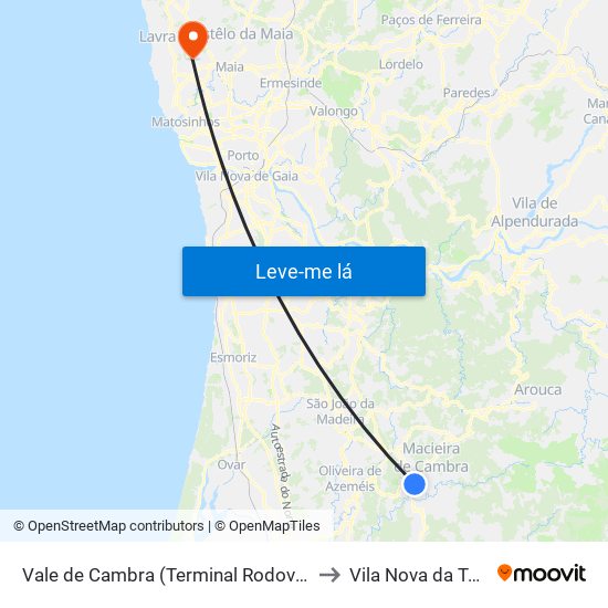 Vale de Cambra (Terminal Rodoviário) to Vila Nova da Telha map