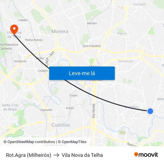 Rot.Agra (Milheirós) to Vila Nova da Telha map