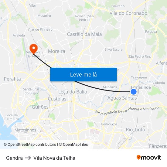 Gandra to Vila Nova da Telha map