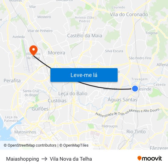 Maiashopping to Vila Nova da Telha map