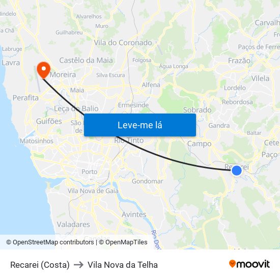 Recarei (Costa) to Vila Nova da Telha map