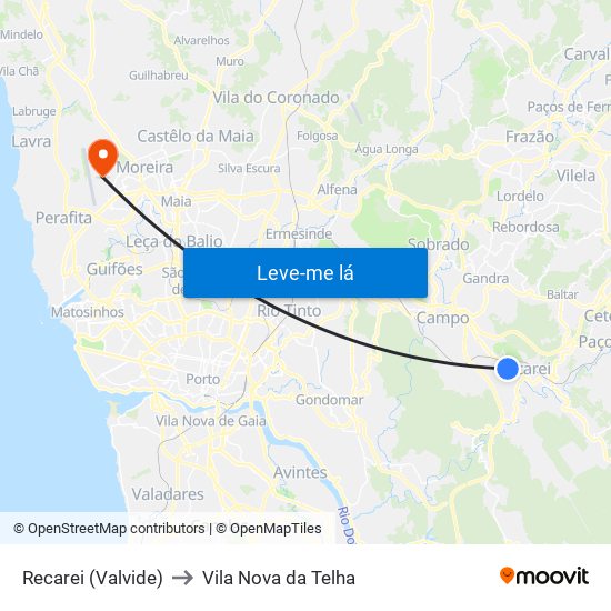 Recarei (Valvide) to Vila Nova da Telha map