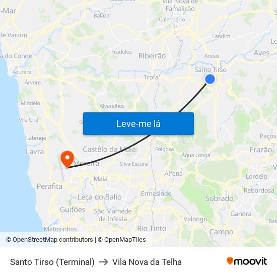 Santo Tirso (Terminal) to Vila Nova da Telha map