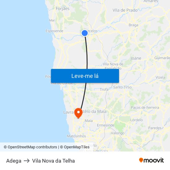 Adega to Vila Nova da Telha map