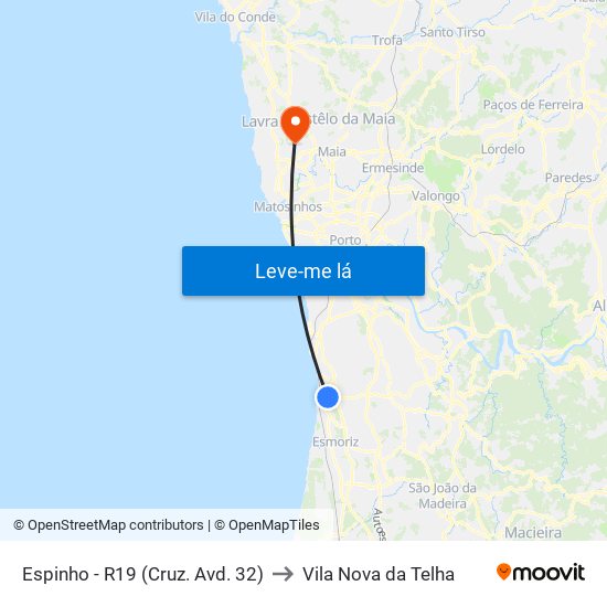 Espinho - R19 (Cruz. Avd. 32) to Vila Nova da Telha map