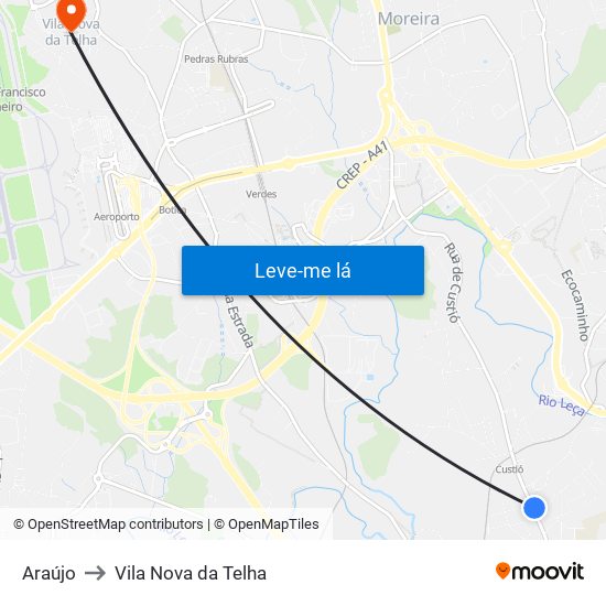 Araújo to Vila Nova da Telha map